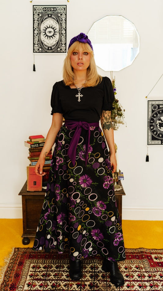 Vintage 70s Black and Purple Floral Print Maxi Dress