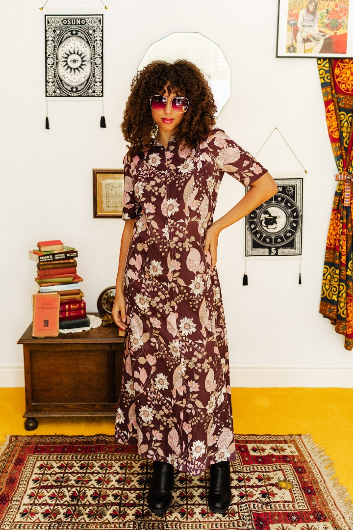 Vintage 70s Purple Floral Hooded Maxi Dress
