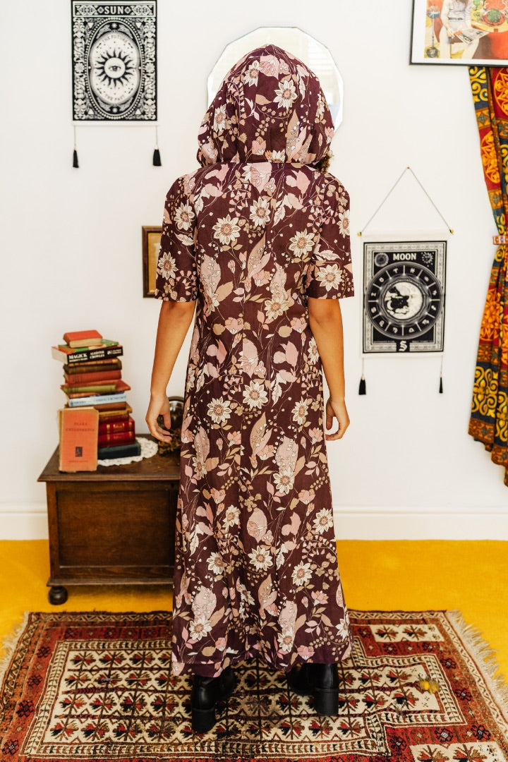 Vintage 70s Purple Floral Hooded Maxi Dress