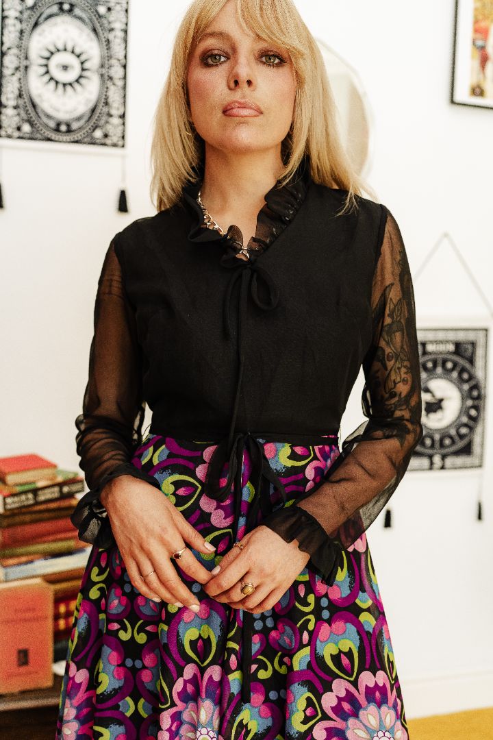 Vintage 70s Black and Purple Psychedelic Print Maxi Dress