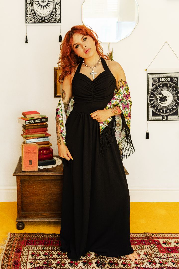 Vintage 70s Black Ruched Halter Maxi Dress