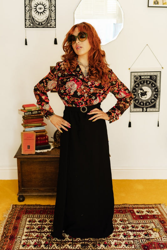Vintage 70s Orange and Black Maxi Dress