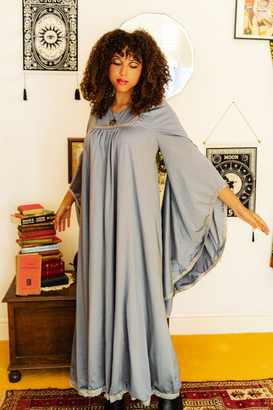 Vintage 70s Grey Blue Wizard Sleeve Maxi Dress