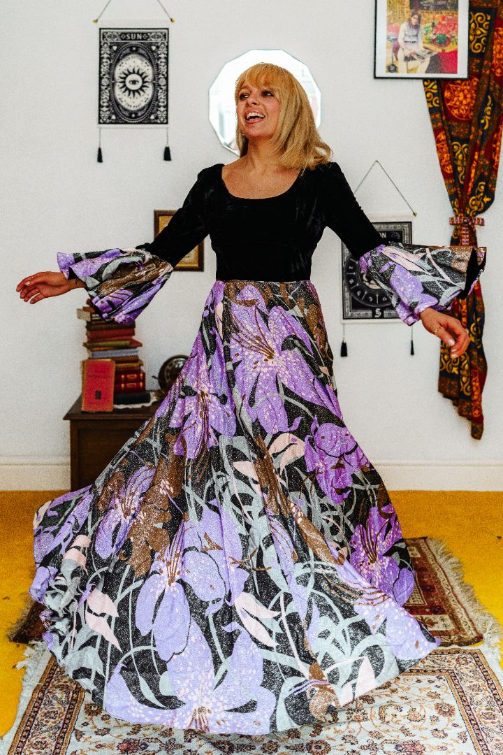 Vintage 70s Black Velvet Purple Lurex Bell Sleeve Maxi Dress