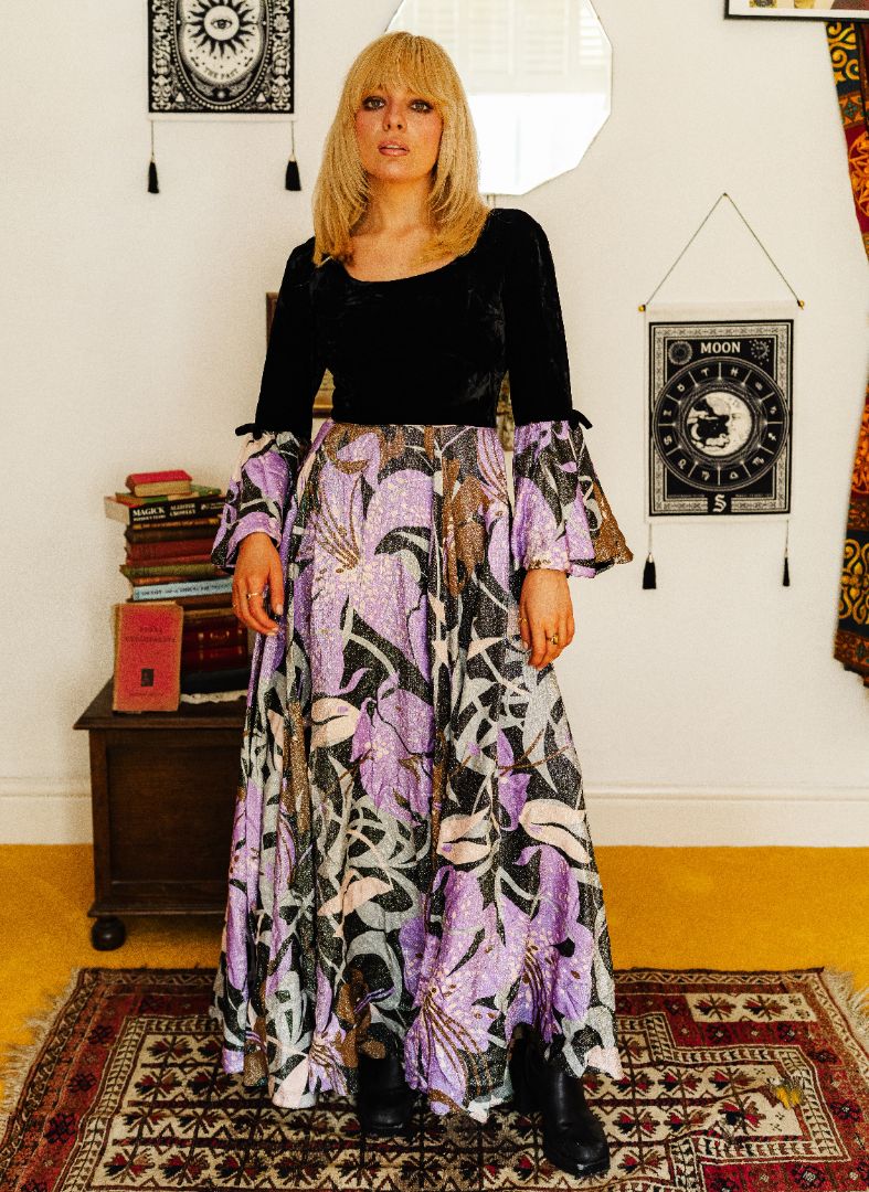 Vintage 70s Black Velvet Purple Lurex Bell Sleeve Maxi Dress