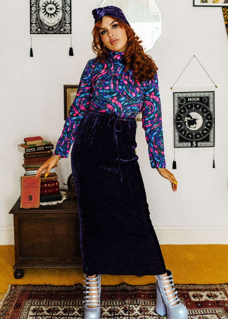 Vintage 70s Pink and Purple Velvet Maxi Dress