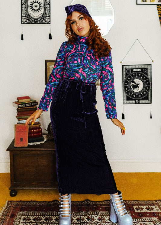 Vintage 70s Pink and Purple Velvet Maxi Dress