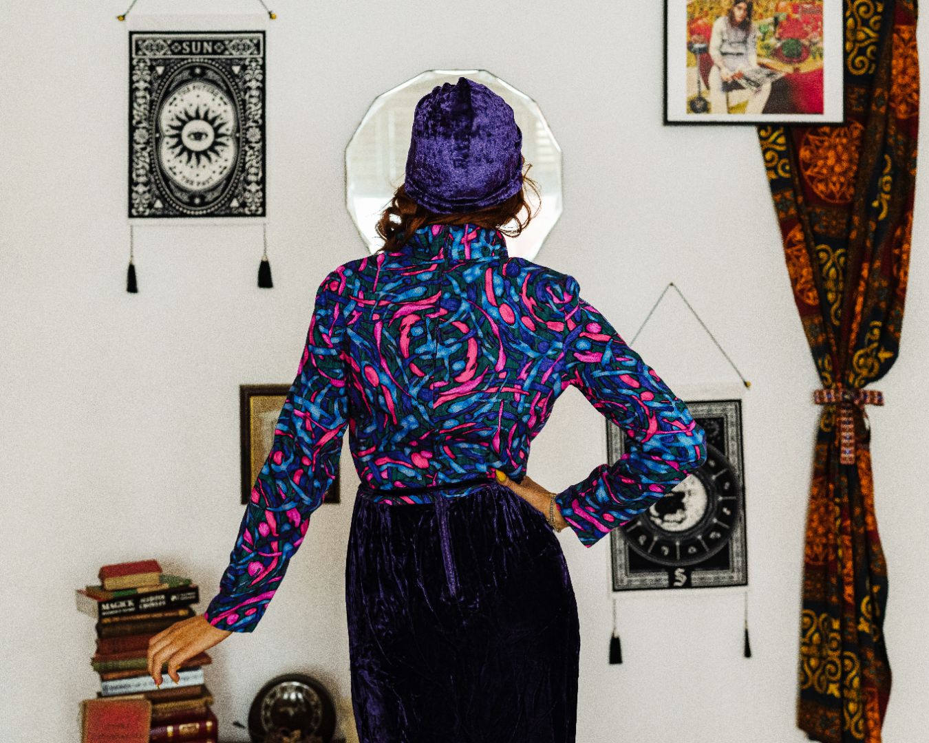 Vintage 70s Pink and Purple Velvet Maxi Dress