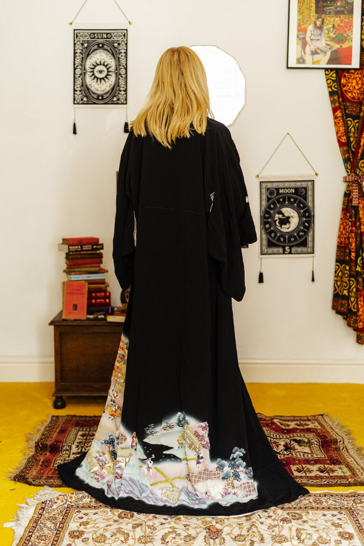 Vintage 40s Black Silk Traditional Kimono
