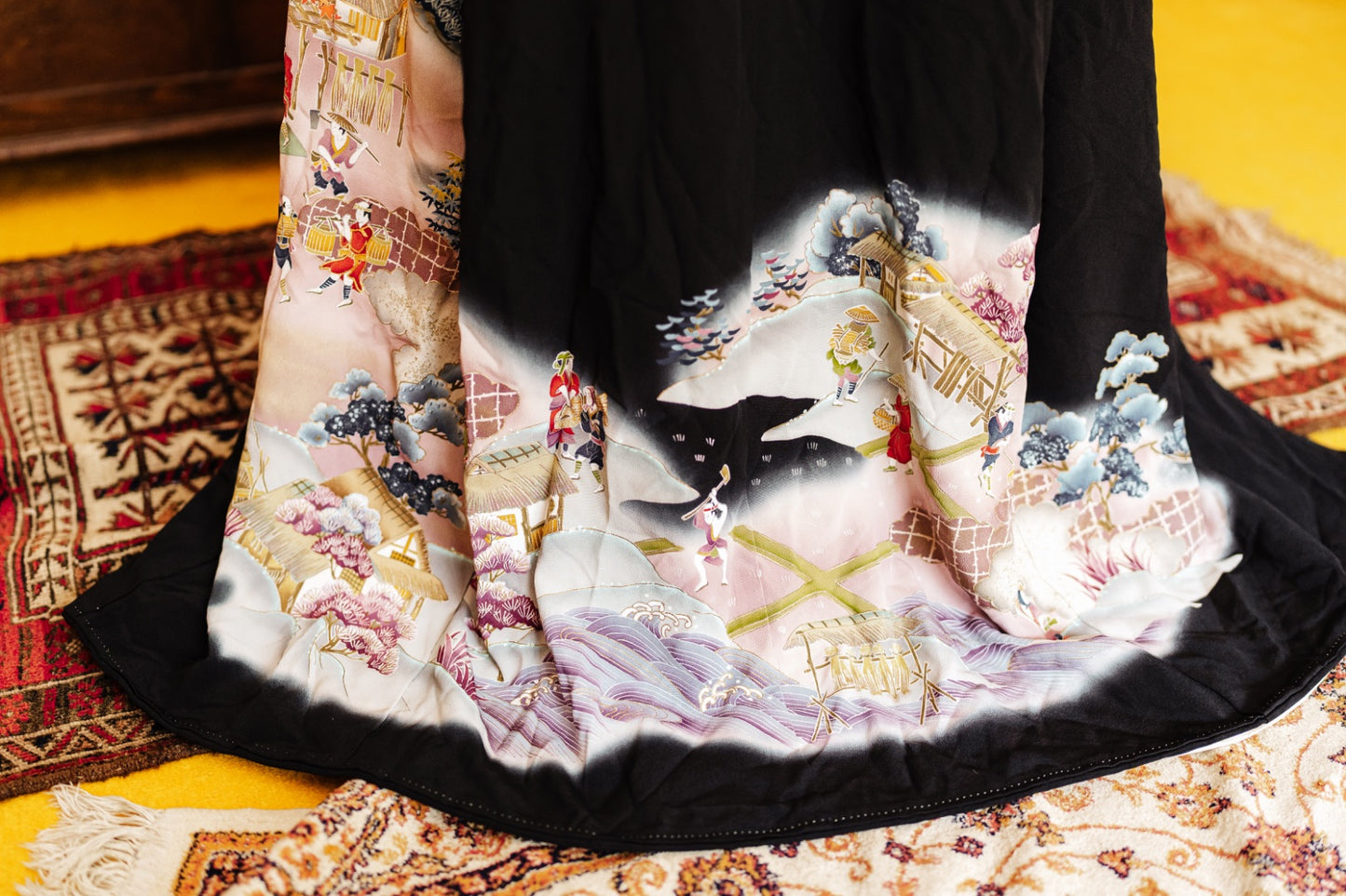 Vintage 40s Black Silk Traditional Kimono