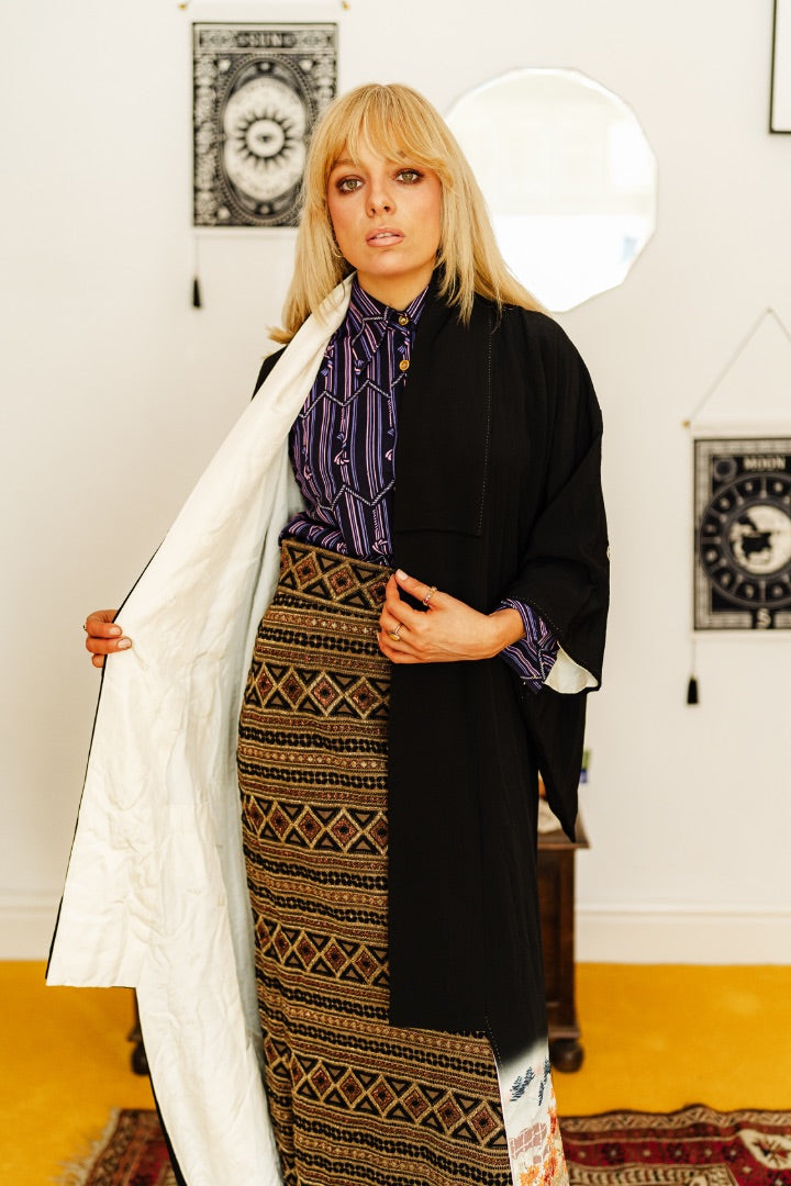 Vintage 40s Black Silk Traditional Kimono