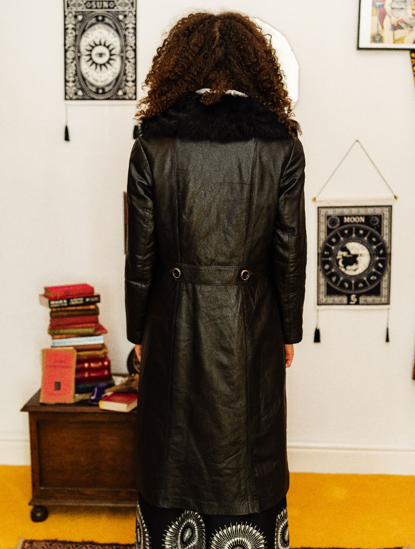 Vintage 90s does 70s Black Faux Fur and Leather Trench Coat