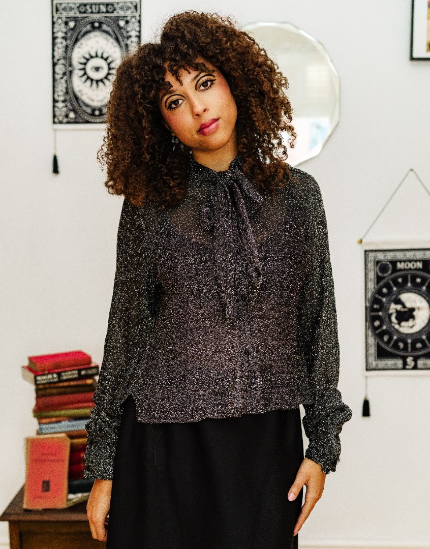 Vintage 70s Silver Lurex Pussy Bow Blouse