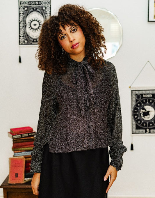 Vintage 70s Silver Lurex Pussy Bow Blouse