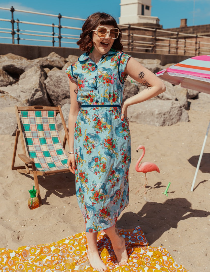 Vintage 60s Blue Novelty Print Tea Dress