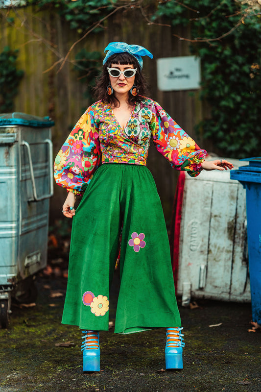 The Recycling Centre Green Cord Flower Wide Leg Trousers