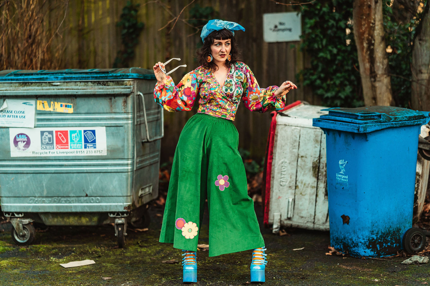 The Recycling Centre Green Cord Flower Wide Leg Trousers