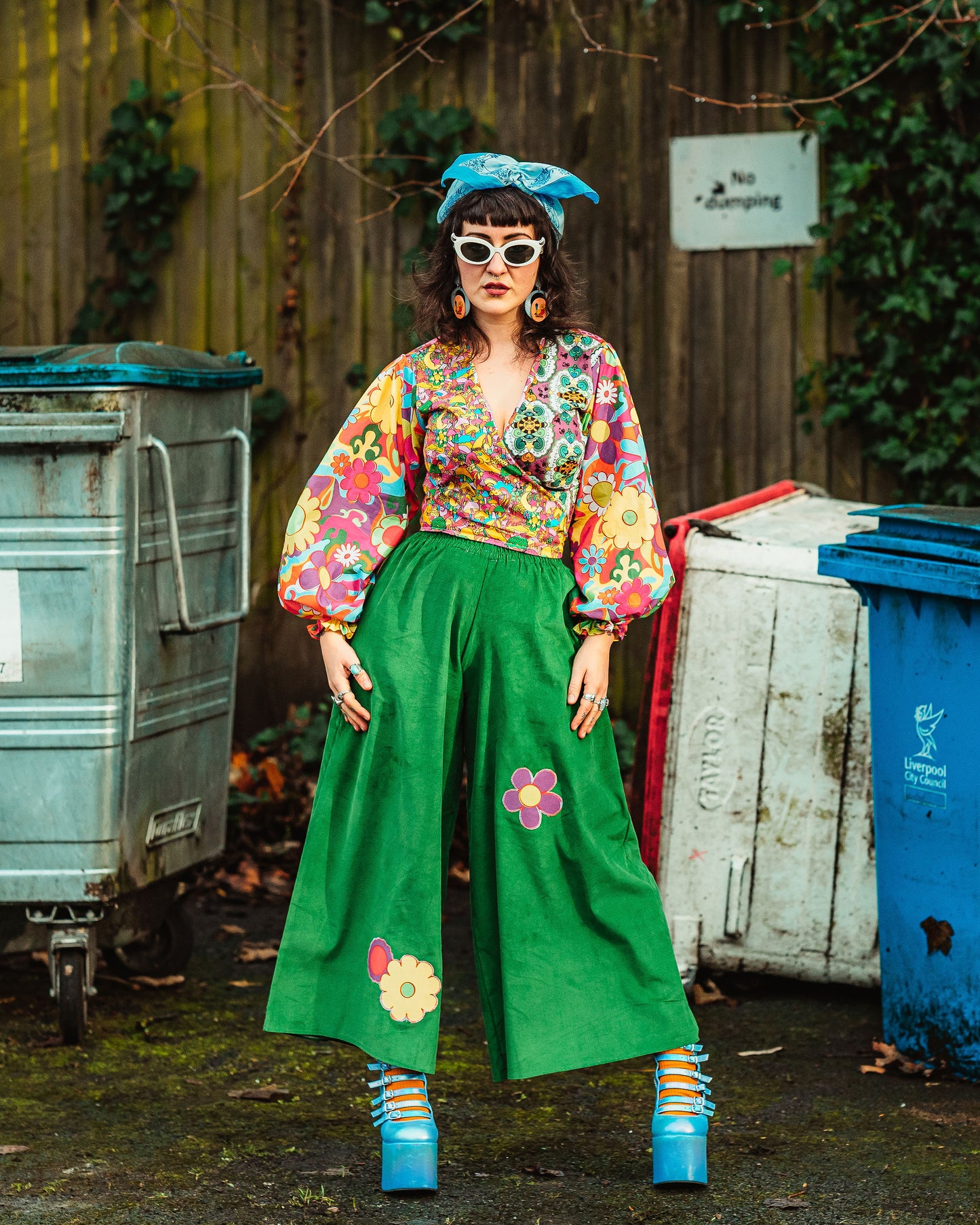The Recycling Centre Green Cord Flower Wide Leg Trousers