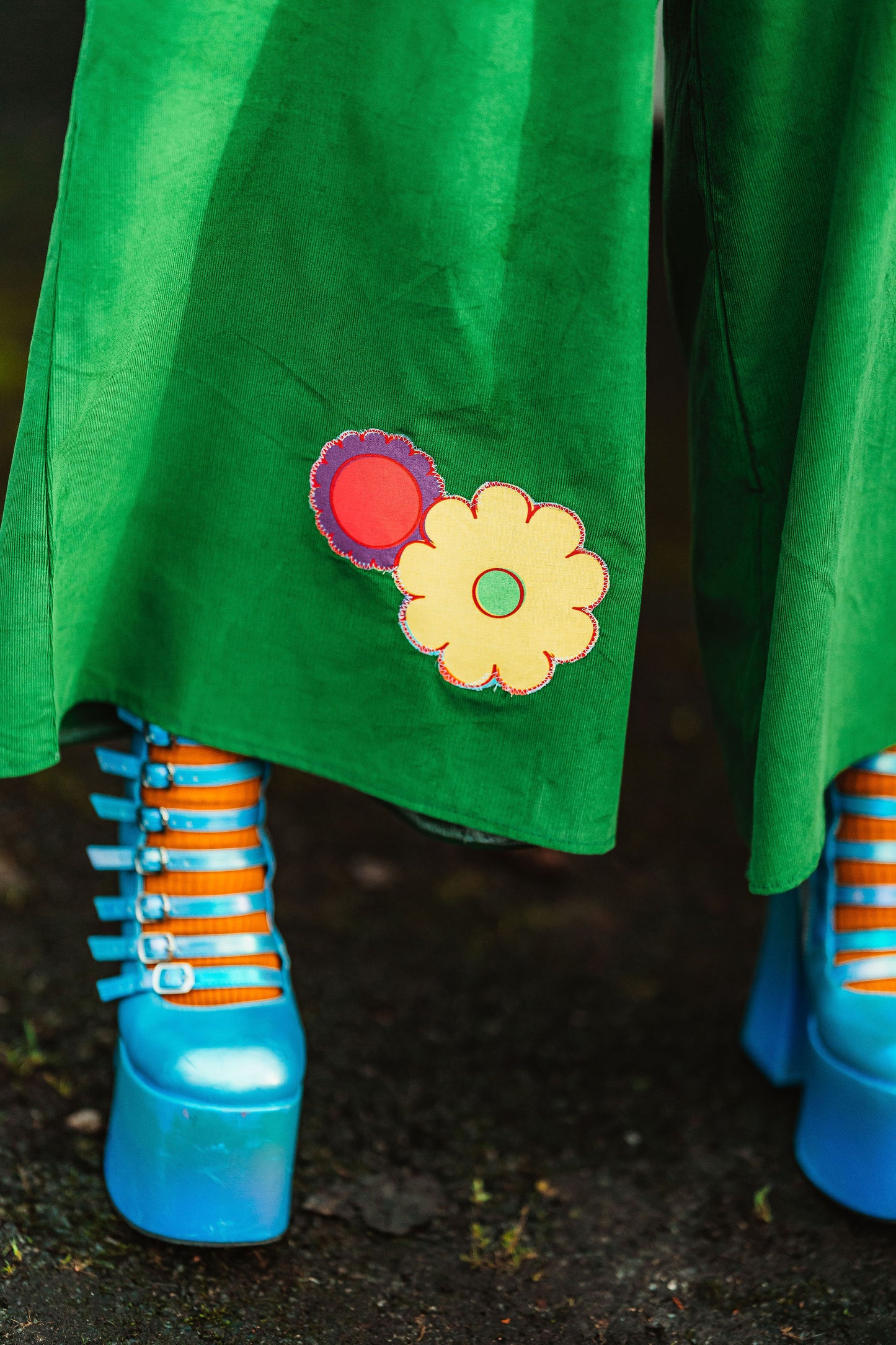 The Recycling Centre Green Cord Flower Wide Leg Trousers