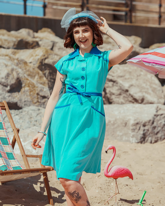 Vintage 70s Turquoise Blue Fit and Flare Dress
