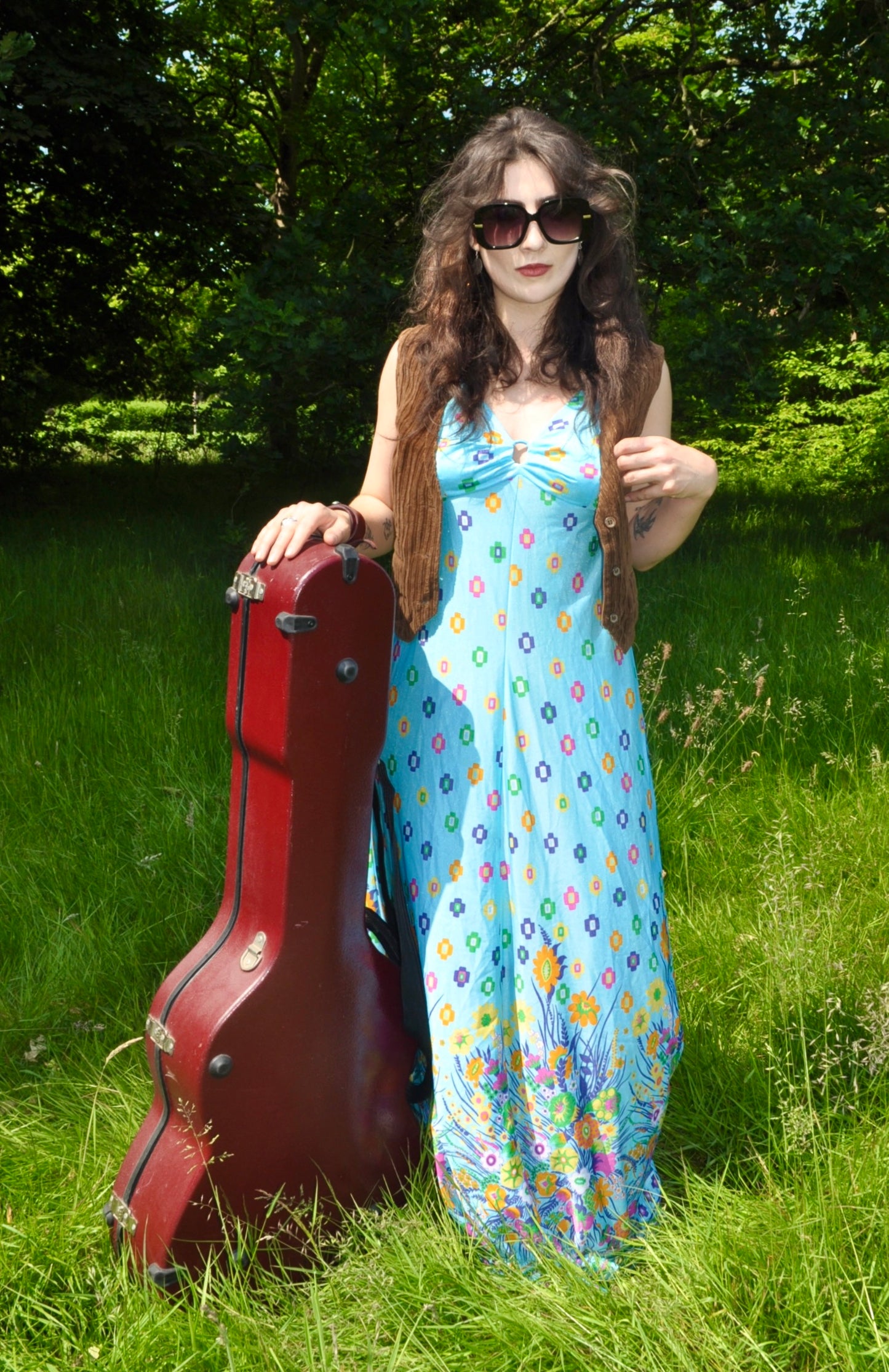 Vintage 70s Baby Blue Floral Strappy Maxi Dress