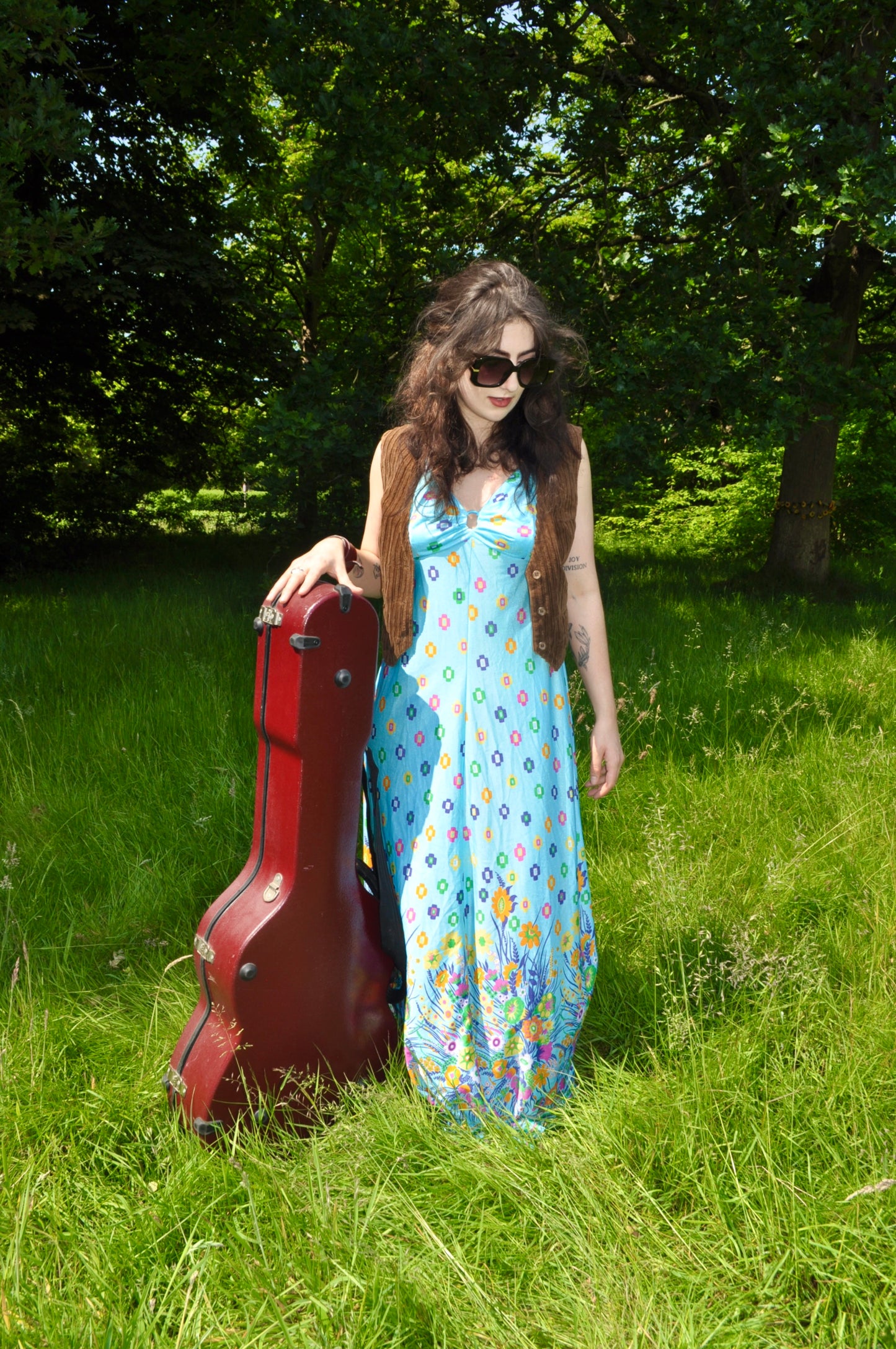 Vintage 70s Baby Blue Floral Strappy Maxi Dress