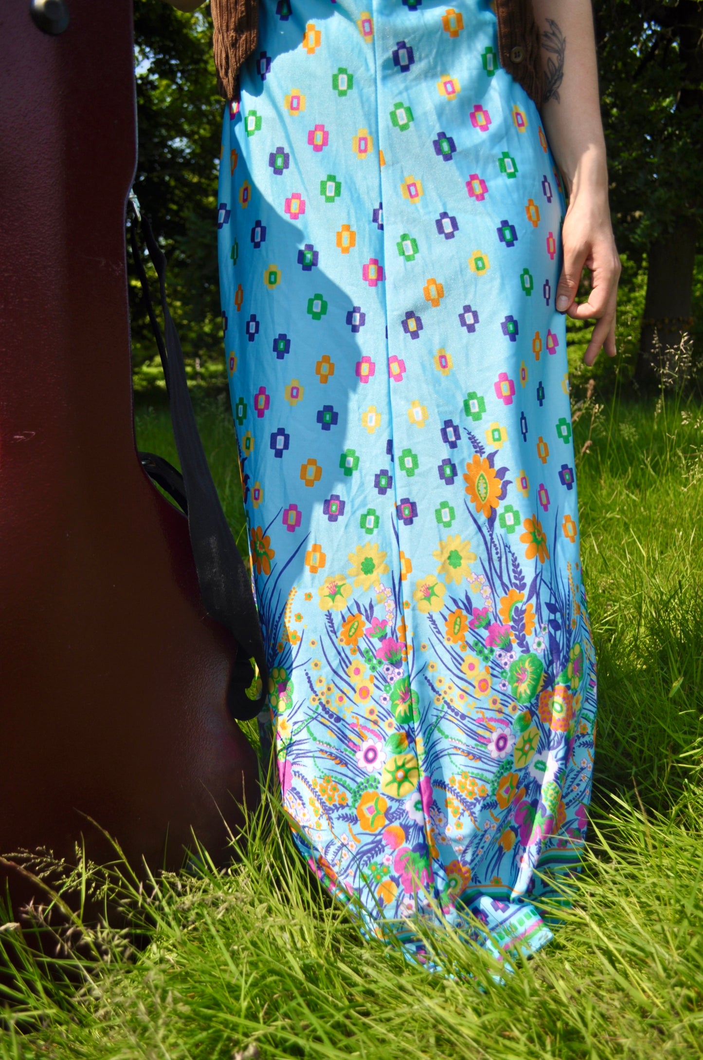 Vintage 70s Baby Blue Floral Strappy Maxi Dress