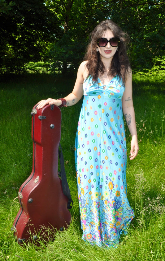 Vintage 70s Baby Blue Floral Strappy Maxi Dress