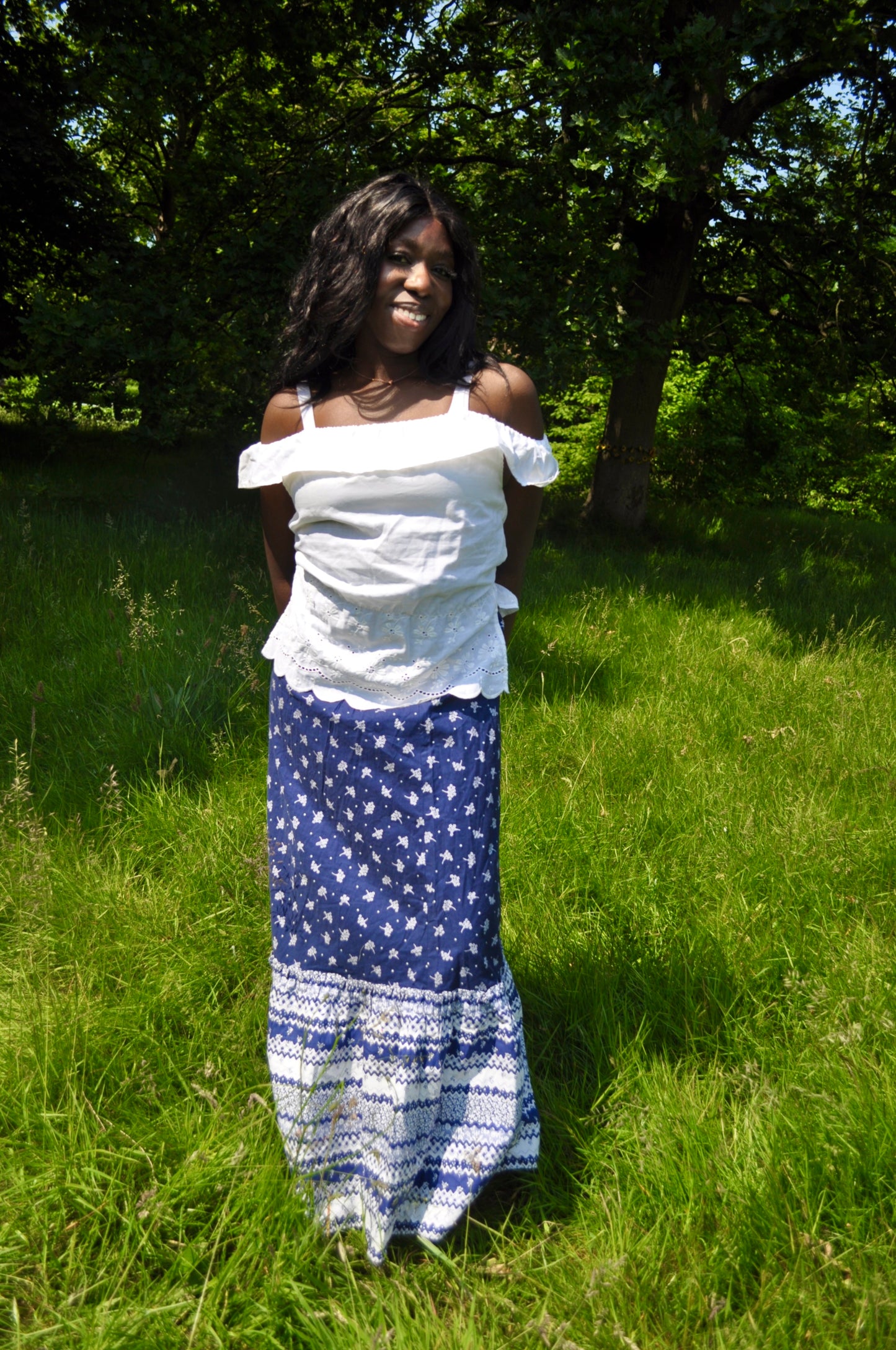 Vintage 70s Blue and White Floral Maxi Skirt