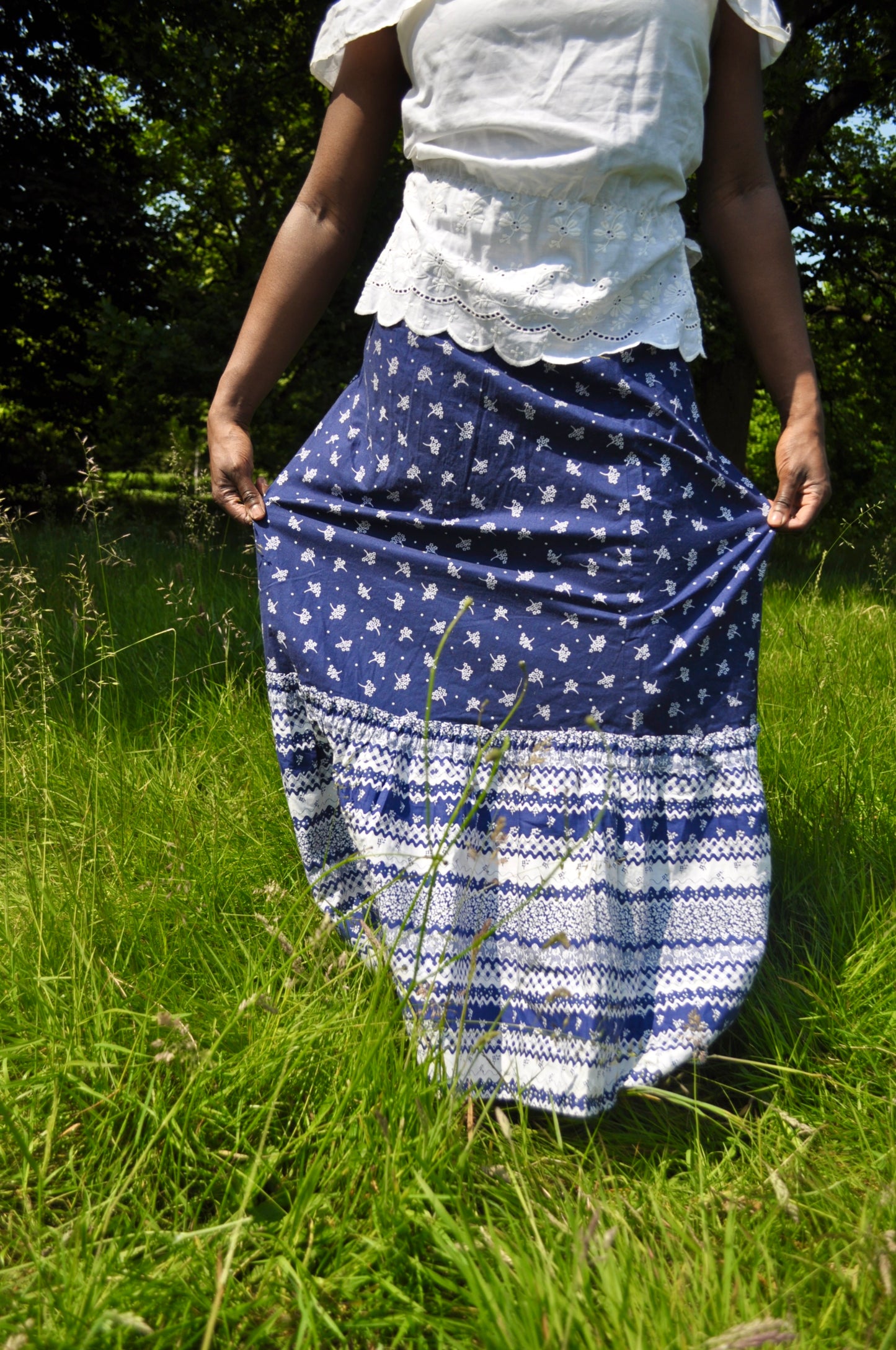Vintage 70s Blue and White Floral Maxi Skirt