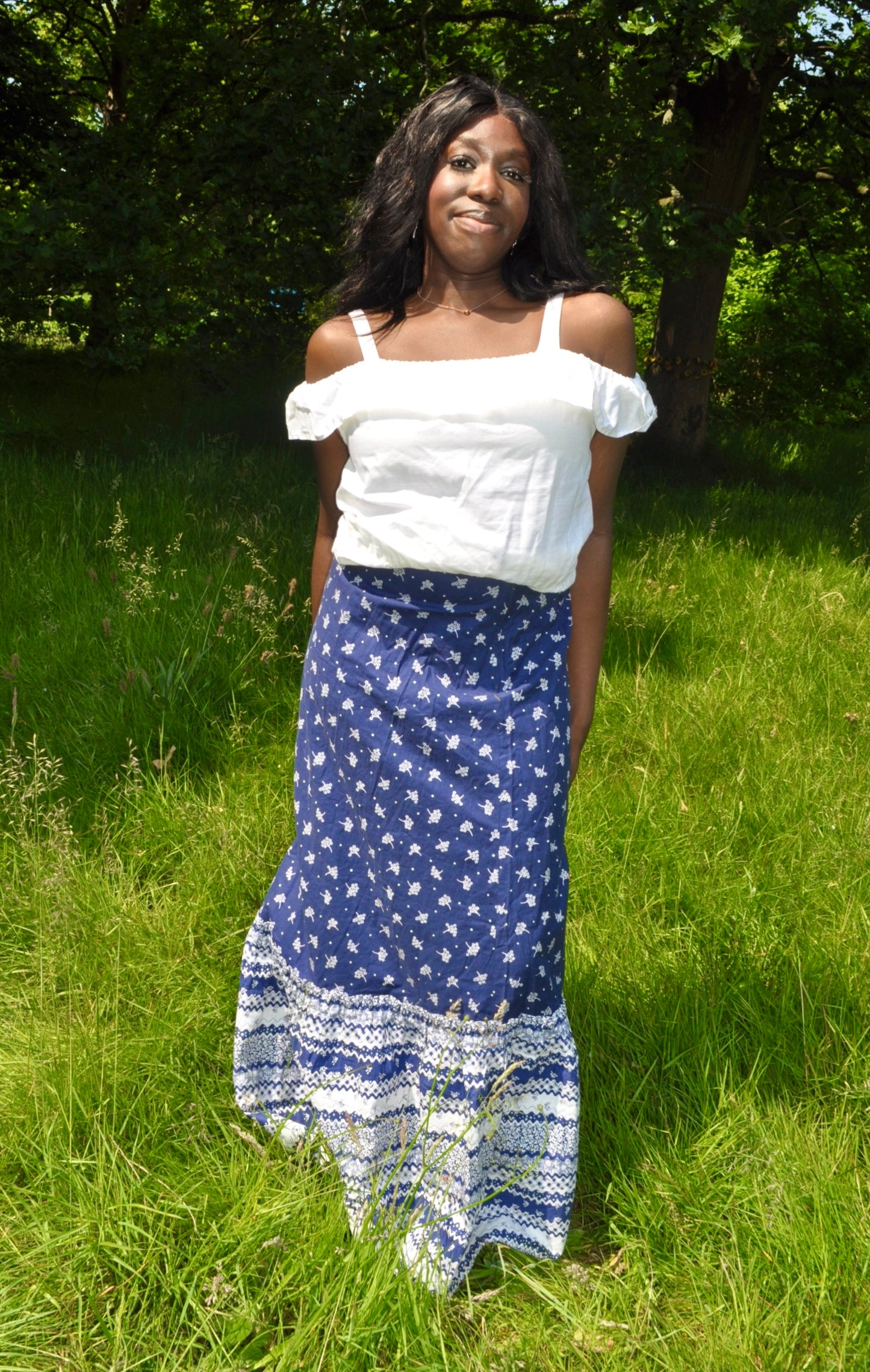 Vintage 70s Blue and White Floral Maxi Skirt