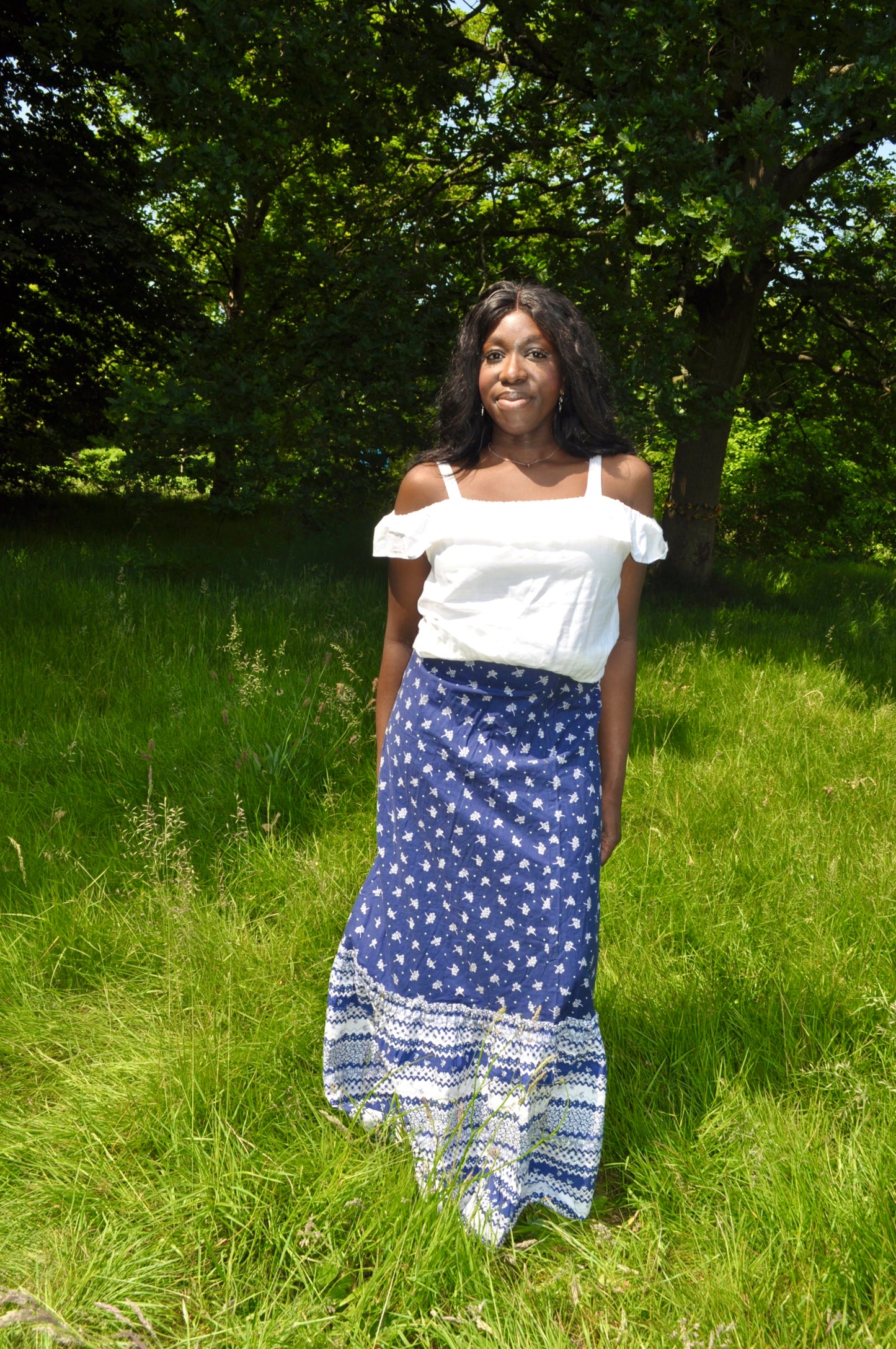 Vintage 70s Blue and White Floral Maxi Skirt