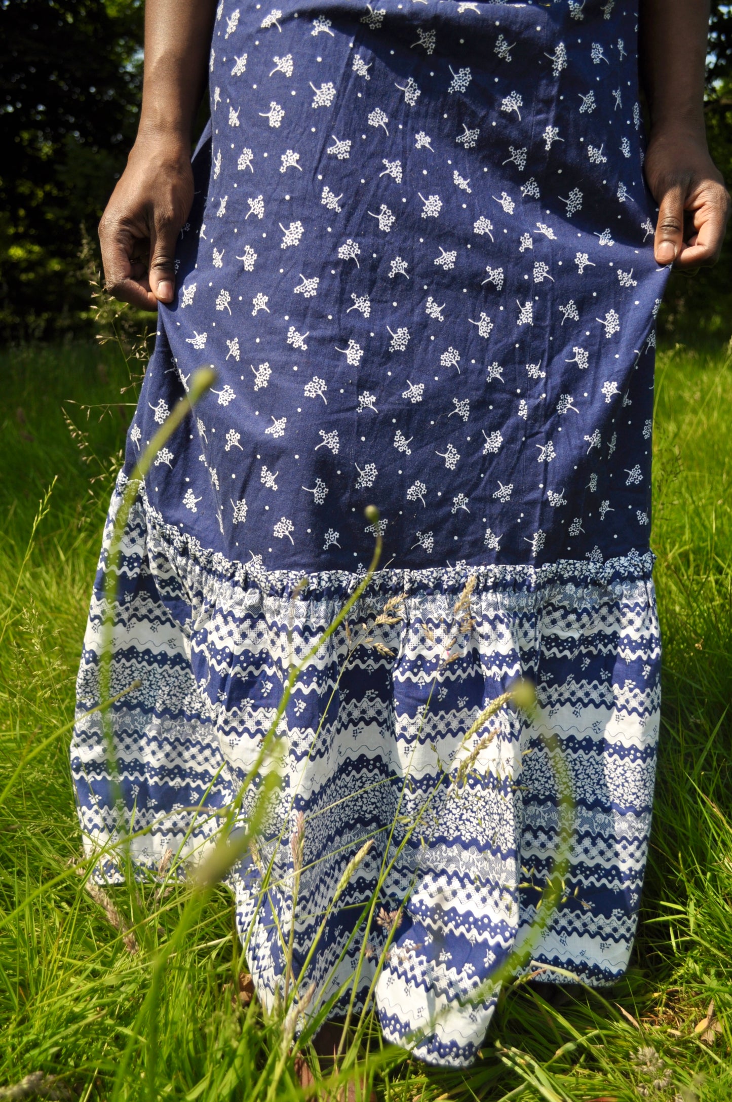 Vintage 70s Blue and White Floral Maxi Skirt