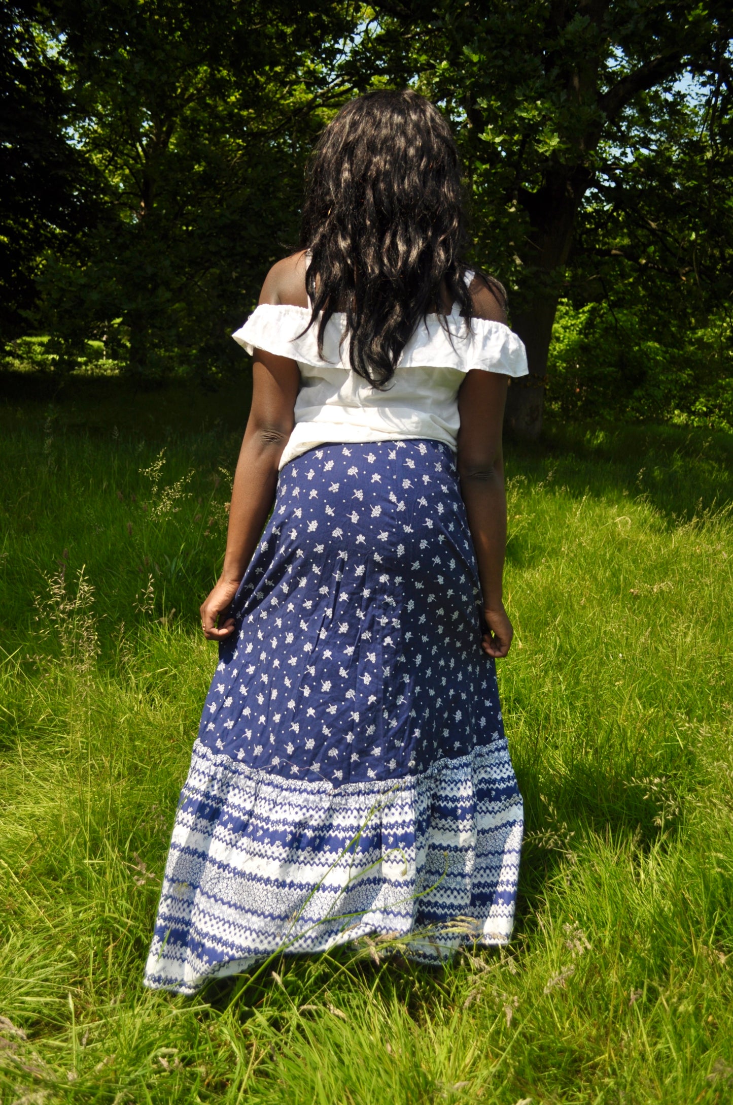 Vintage 70s Blue and White Floral Maxi Skirt