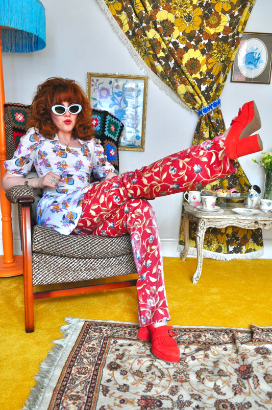 Vintage 70s Red Floral Trousers