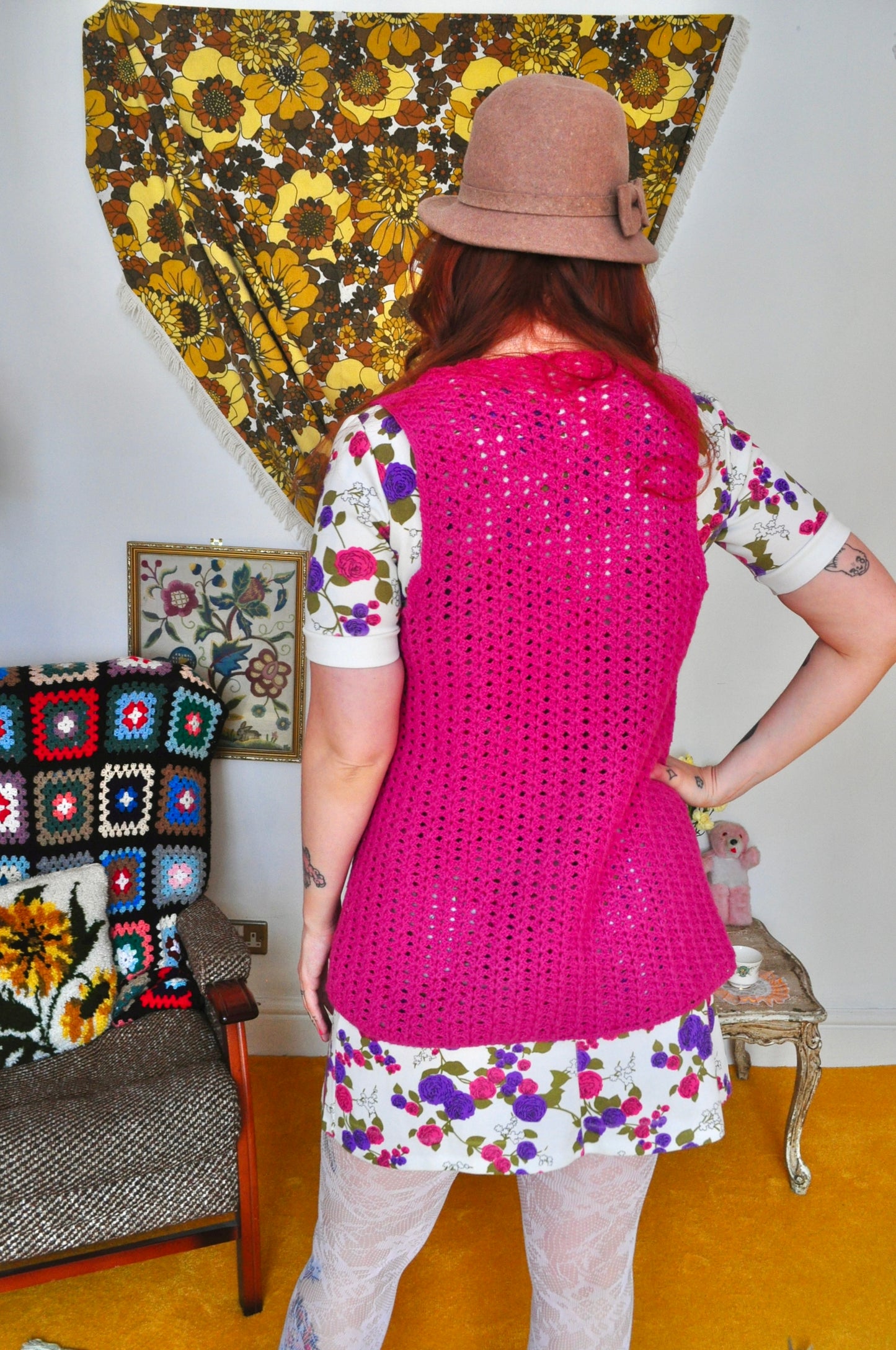 Vintage 70s Hot Pink Crochet Waistcoat