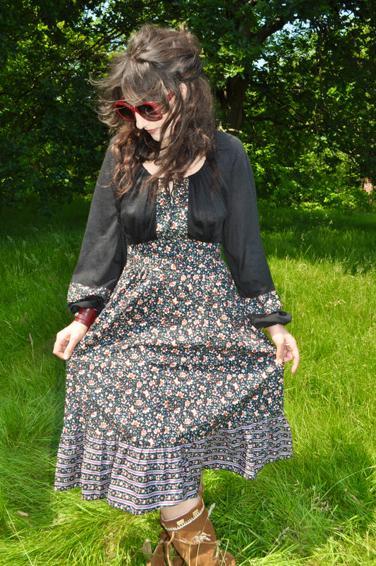 Vintage 70s Richard Shops Black Floral Midi Dress