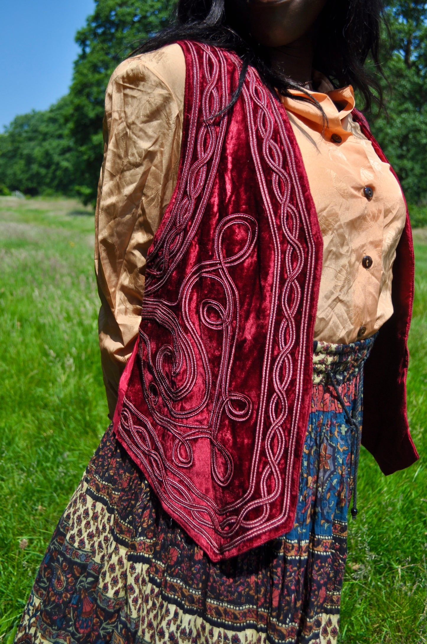 Vintage Maroon Red Velvet Applique Waistcoat