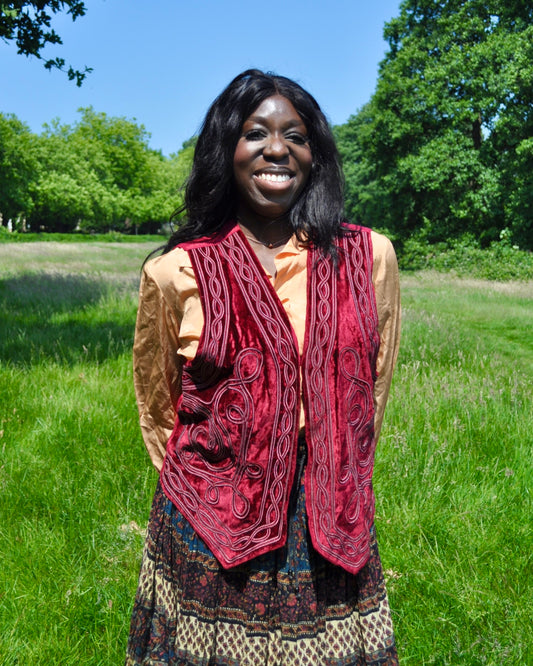 Vintage Maroon Red Velvet Applique Waistcoat