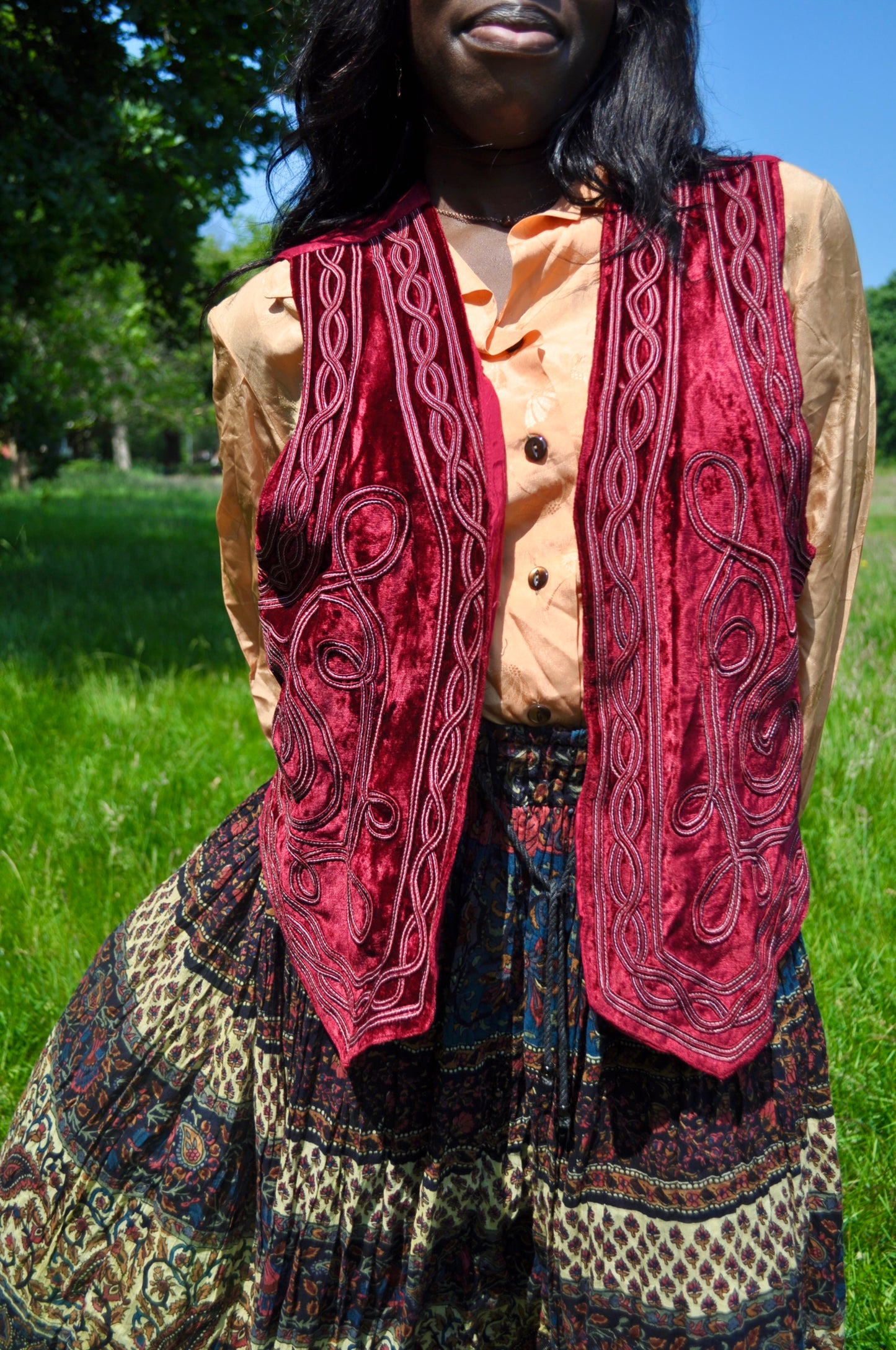 Vintage Maroon Red Velvet Applique Waistcoat