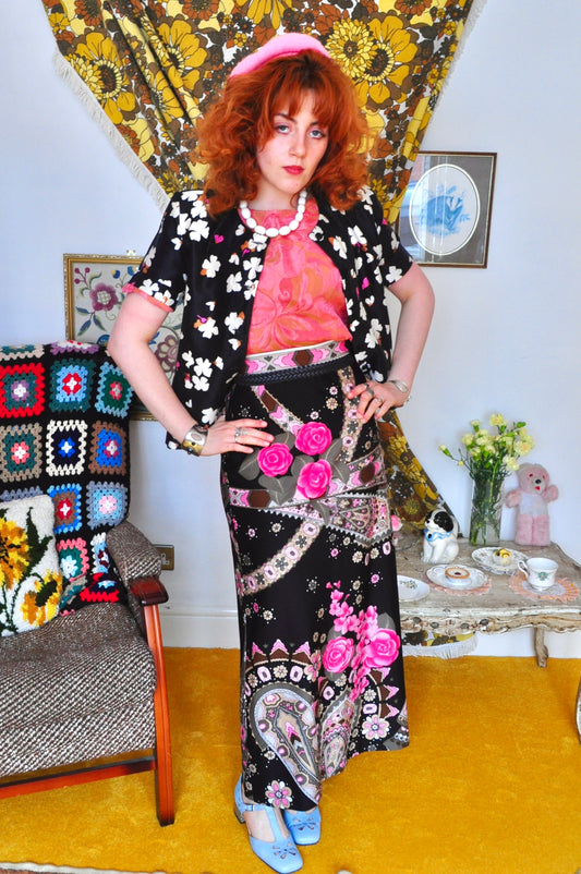 Vintage 70s Black and Pink Print Maxi Skirt