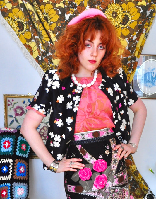 Vintage 80s Black Floral Short Sleeve Jacket