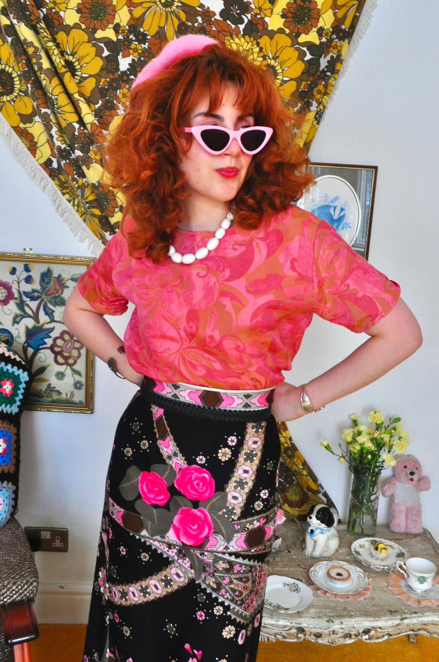 Vintage 70s Black and Pink Print Maxi Skirt