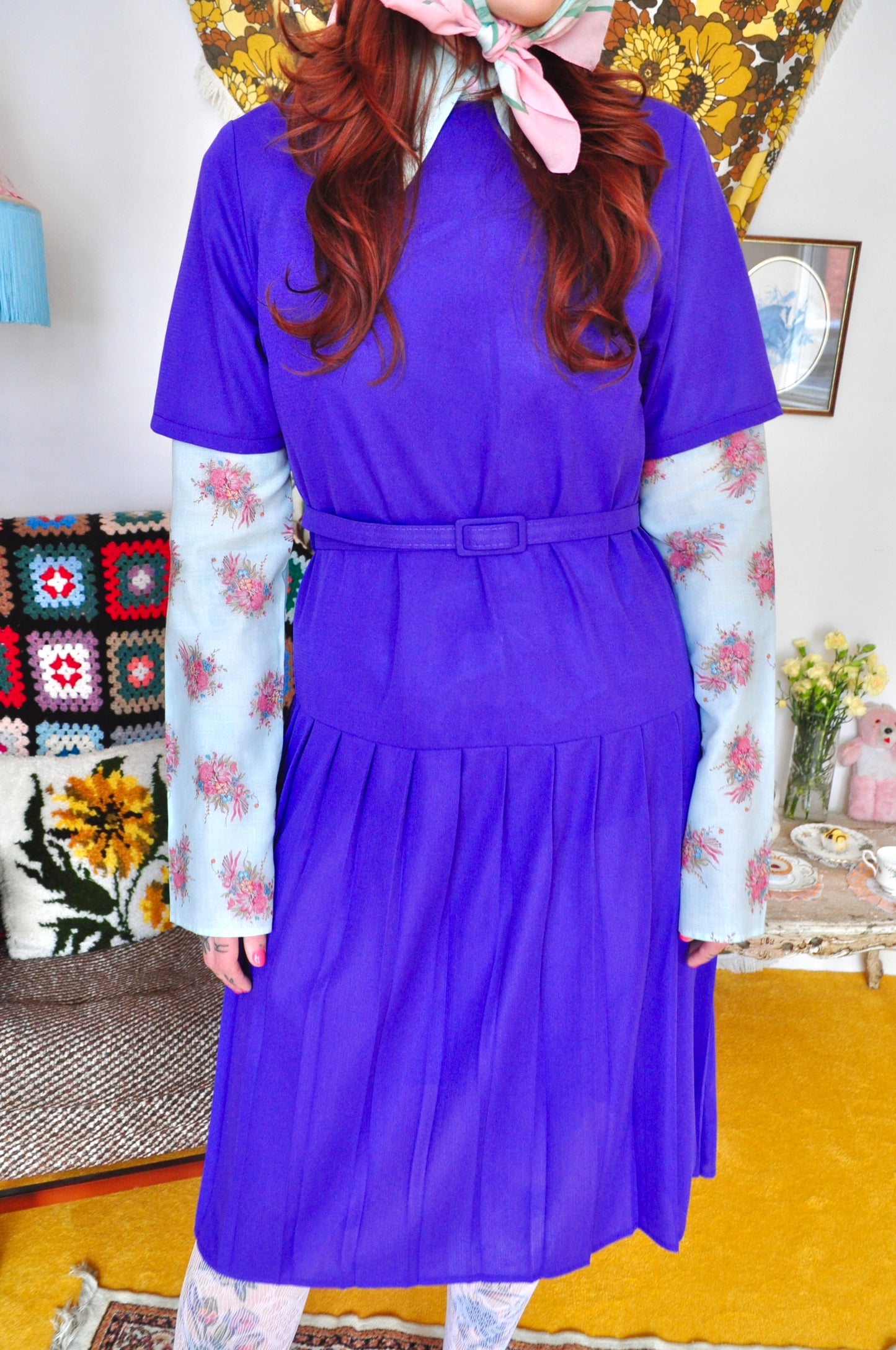 Vintage 80s Purple Drop Waist Midi Dress