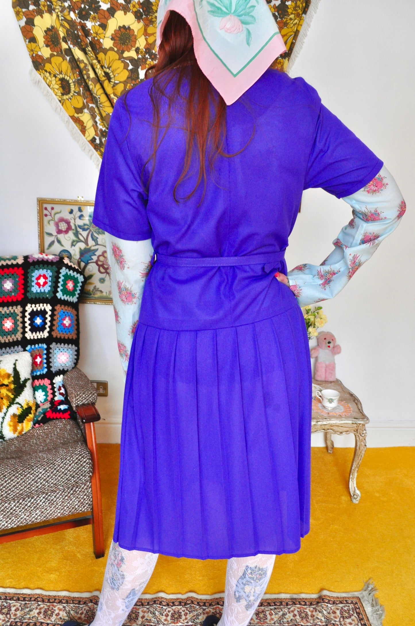 Vintage 80s Purple Drop Waist Midi Dress