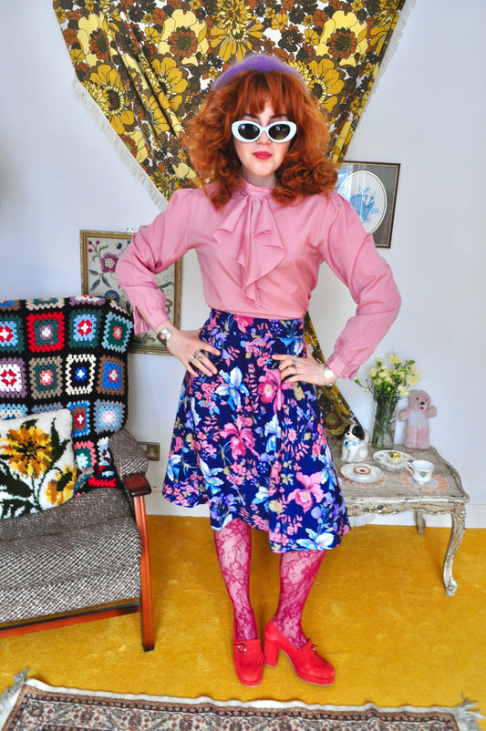 Vintage 70s Blue Floral Knee Skirt