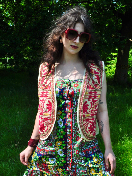 Vintage Cream and Red Embroidered Waistcoat