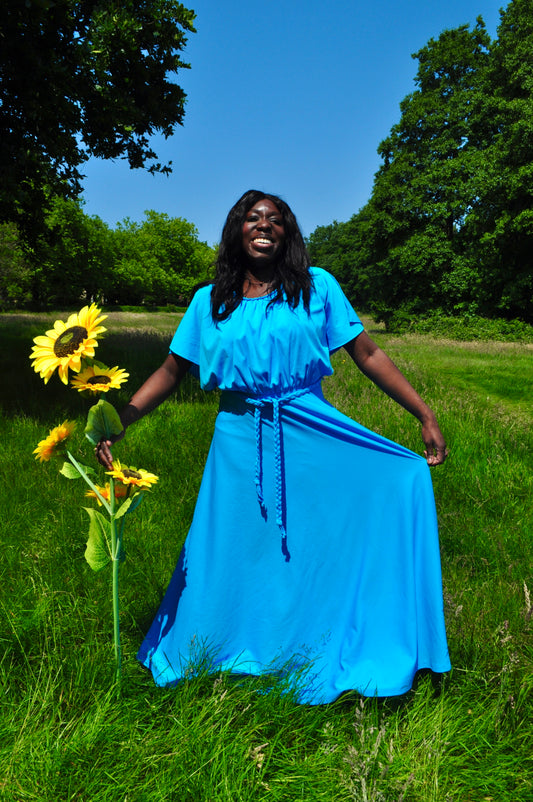 Vintage 70s Blue Cape Maxi Dress