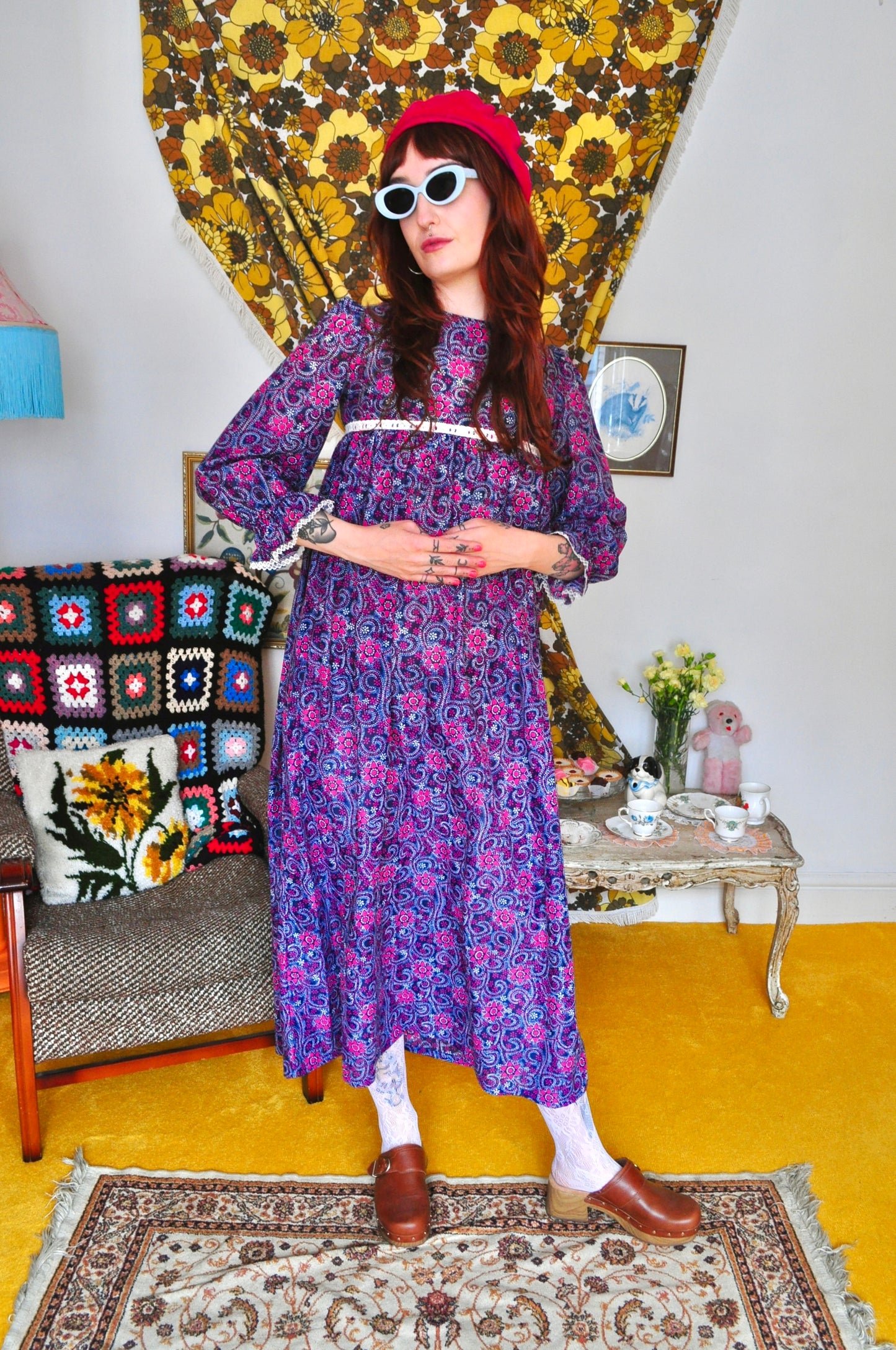 Vintage 60s Purple Floral Smock Maxi Dress