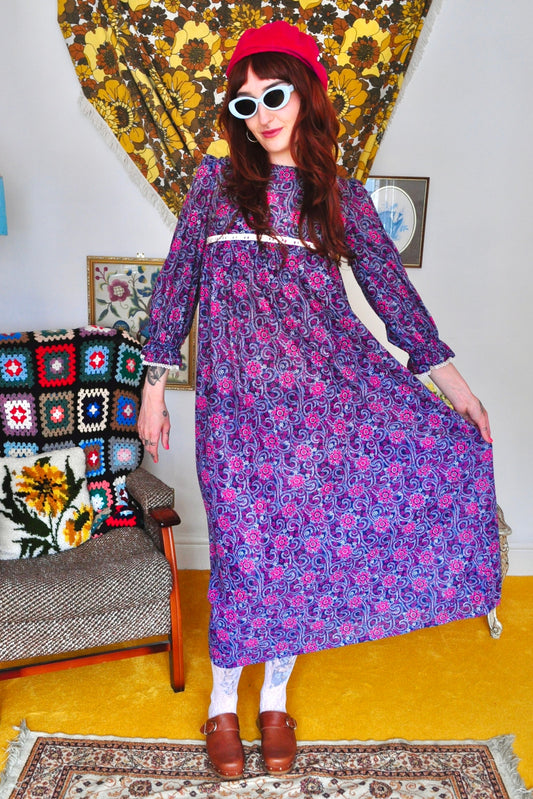 Vintage 60s Purple Floral Smock Maxi Dress